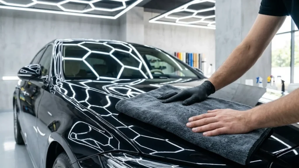 PPF kaplama sonrası mikrofiber havlu ile profesyonel araç kurulama